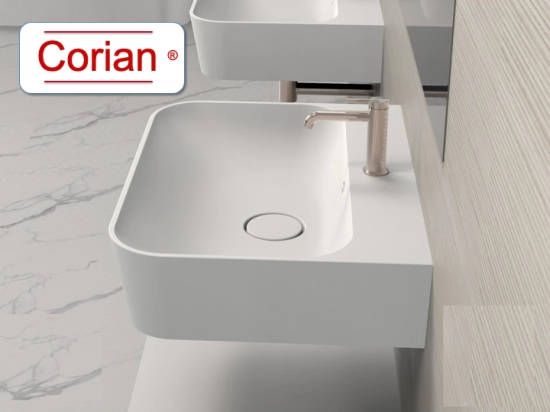Vasque lavabo design carré, suspendu ou à poser, Couleur blanc mat, Finition lisse, Solid-Surface Corian®, Taille : 50 x 50 x 16 cm - Stock disponible ! LIVRAISON OFFERTE